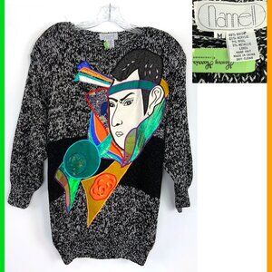 Vintage Nannell Women's  Asian Motif Glam Black / Lurex  Hand Knit Sweater Sz M